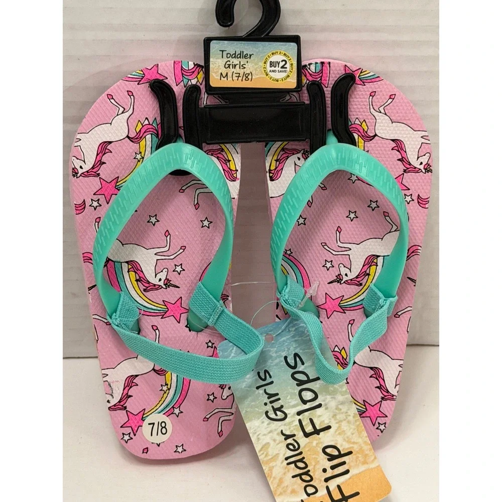 Toddler Girls Pink Unicorn‎ Rainbow Flip Flops with Back Strap Size 7/8 M NWT
